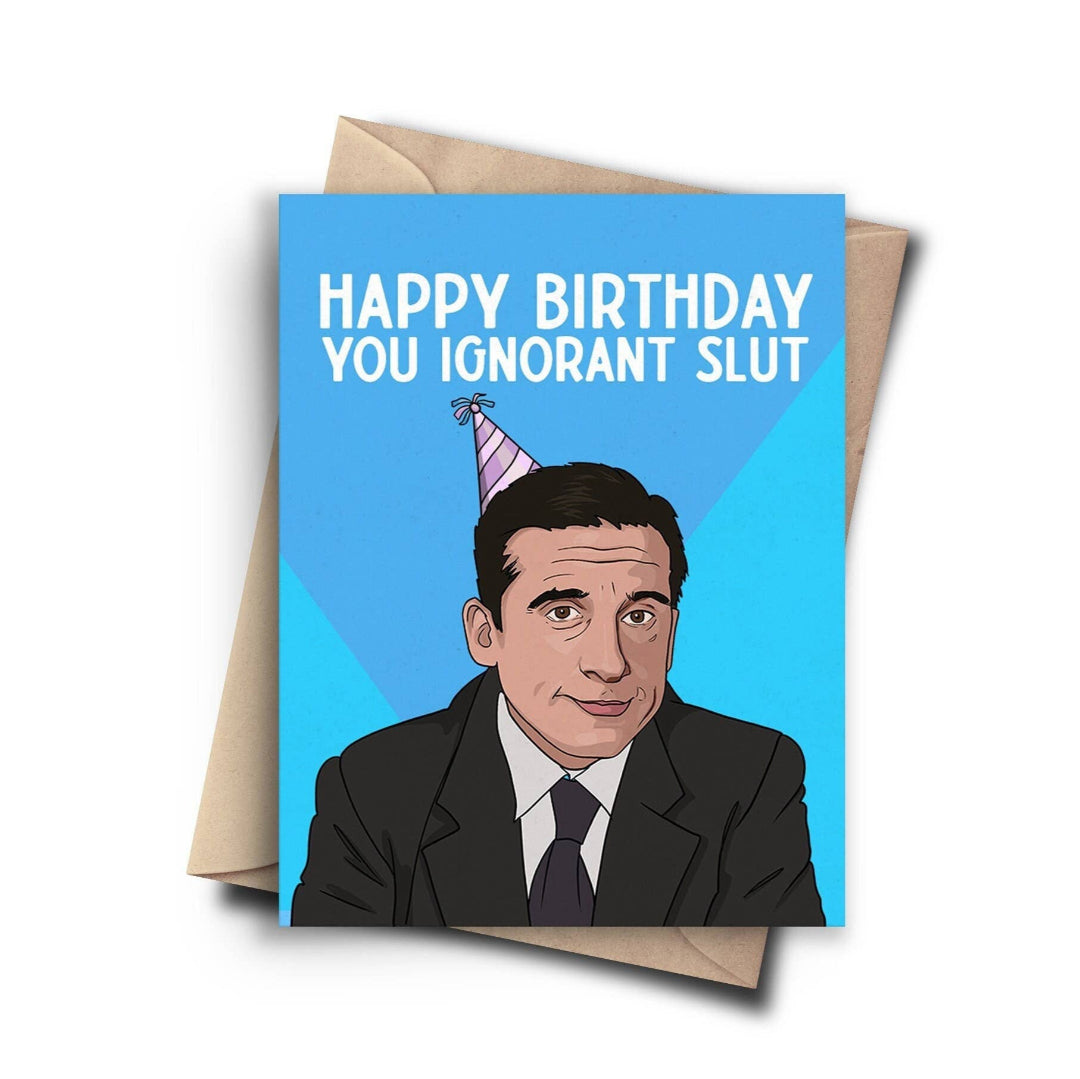 Birthday card with a cartoon character wearing a party hat and text on a blue background