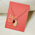 A gold necklace with a red garnet stone pendant. The pendant also has the word "Protection" engraved on it. The necklace is displayed on a red card with the month "January" and the brand name "Foxy Originals."