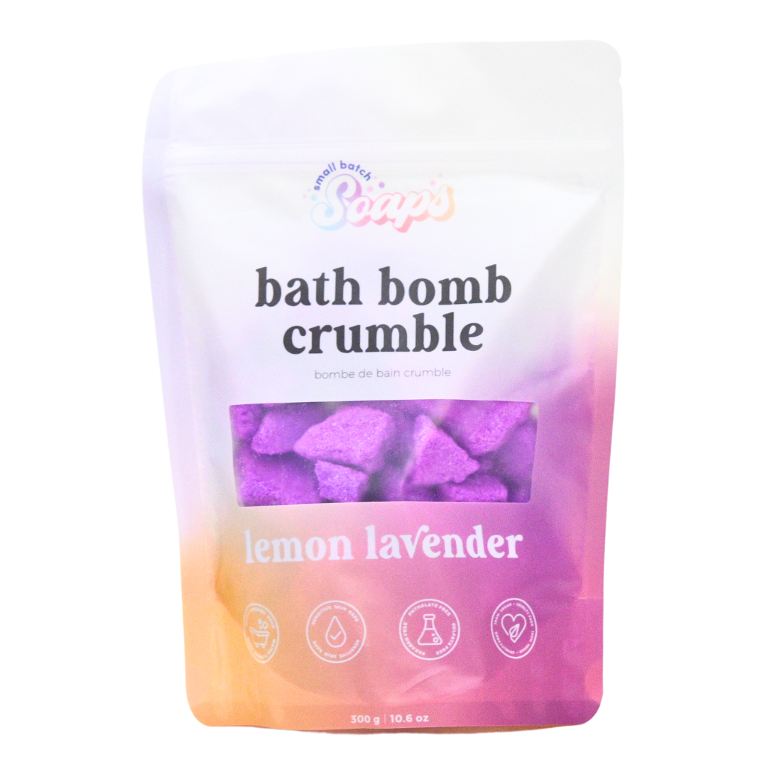 Bath bomb crumble packaging with lemon lavender flavor on a white background