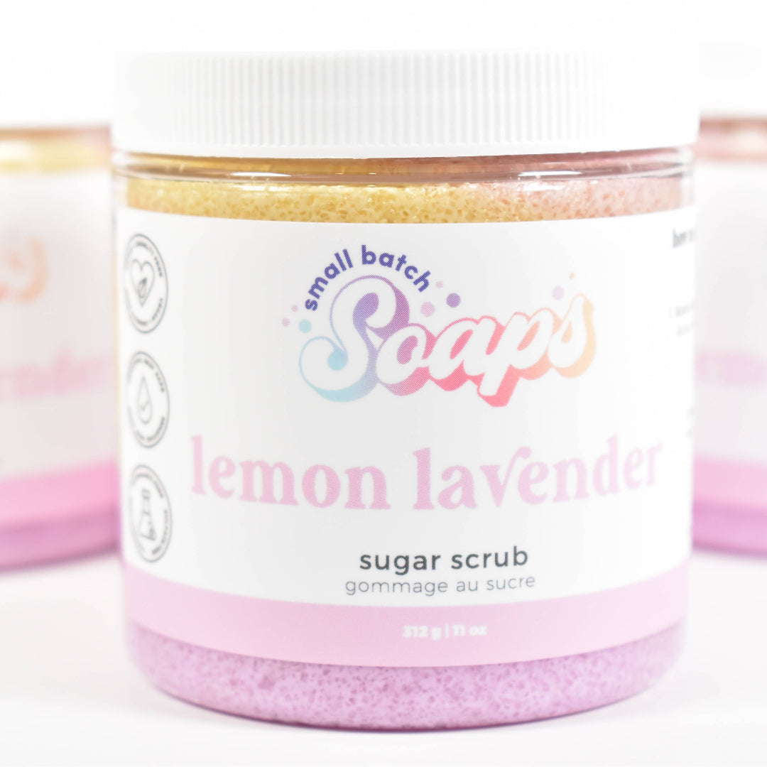 Jar of lemon lavender sugar scrub with 'Small Batch Soaps' branding on a white background.