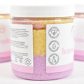 Jar of bath salts with a label on a white background