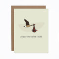 Greeting card with a goose and duck illustration and text on a beige background