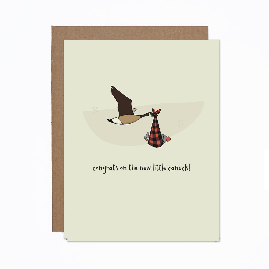 Greeting card with a goose and duck illustration and text on a beige background