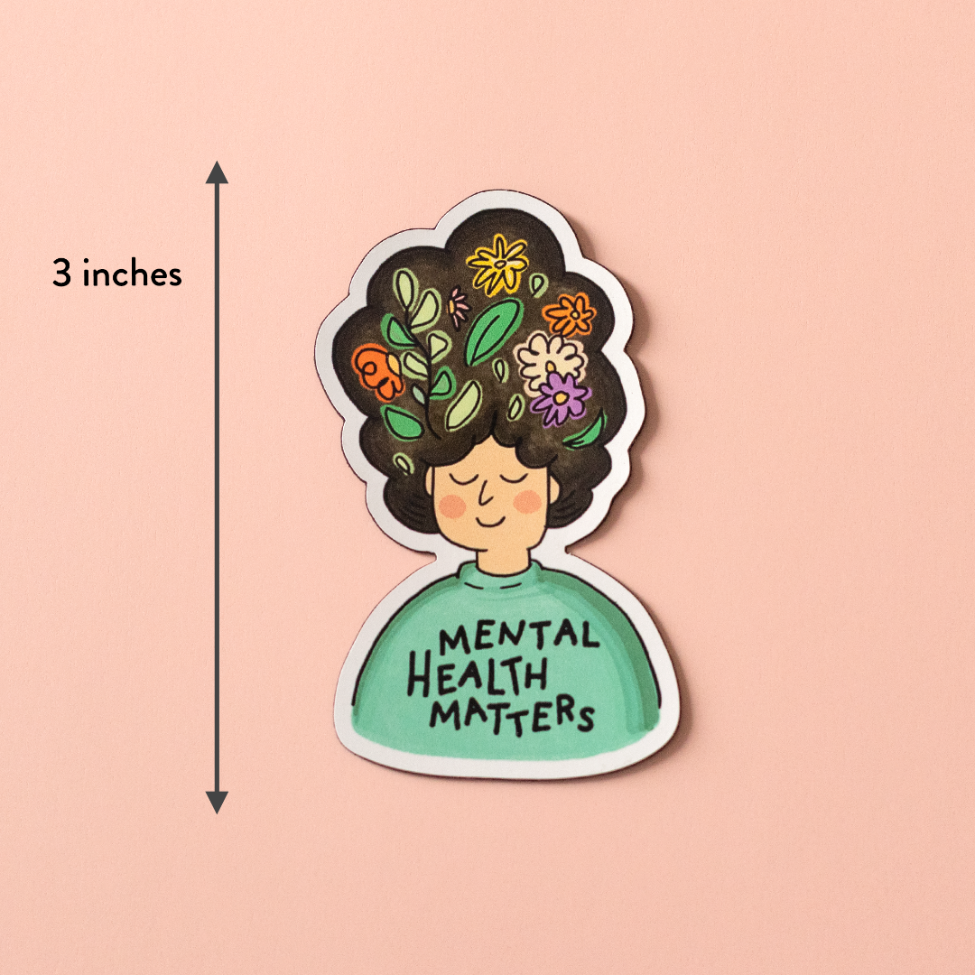 Mental Health Matters vinyl sticker is an illustration of a person with flowers in their big hair and the words "MENTAL HEALTH MATTERS" on their shirt.