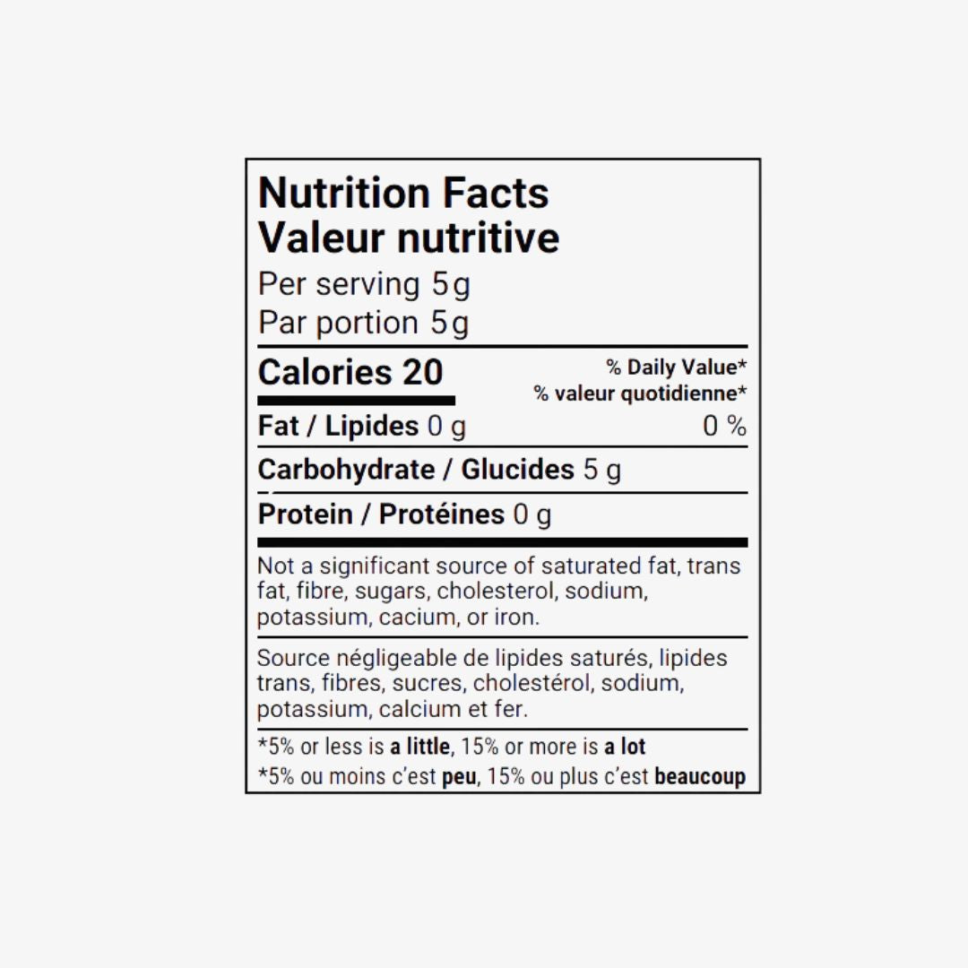 Nutrition facts label for a serving size of 5 grams on a white background