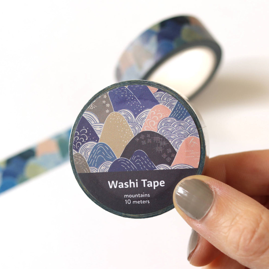 Washi tape with a decorative label held by a hand on a white background
