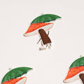 Illustration of a watermelon slice with a green umbrella and a brown insect underneath on a light gray background.
