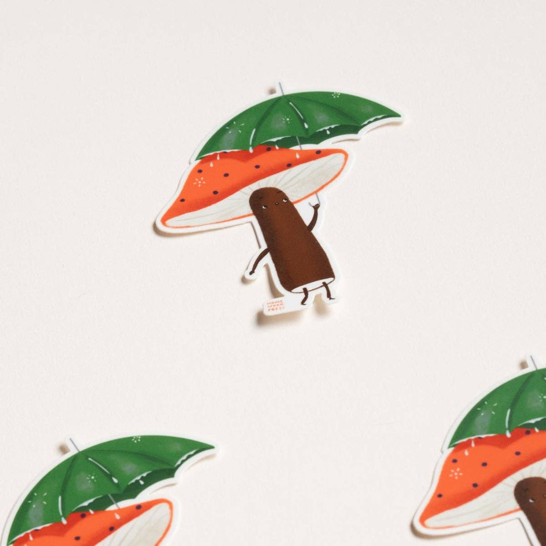 Illustration of a watermelon slice with a green umbrella and a brown insect underneath on a light gray background.