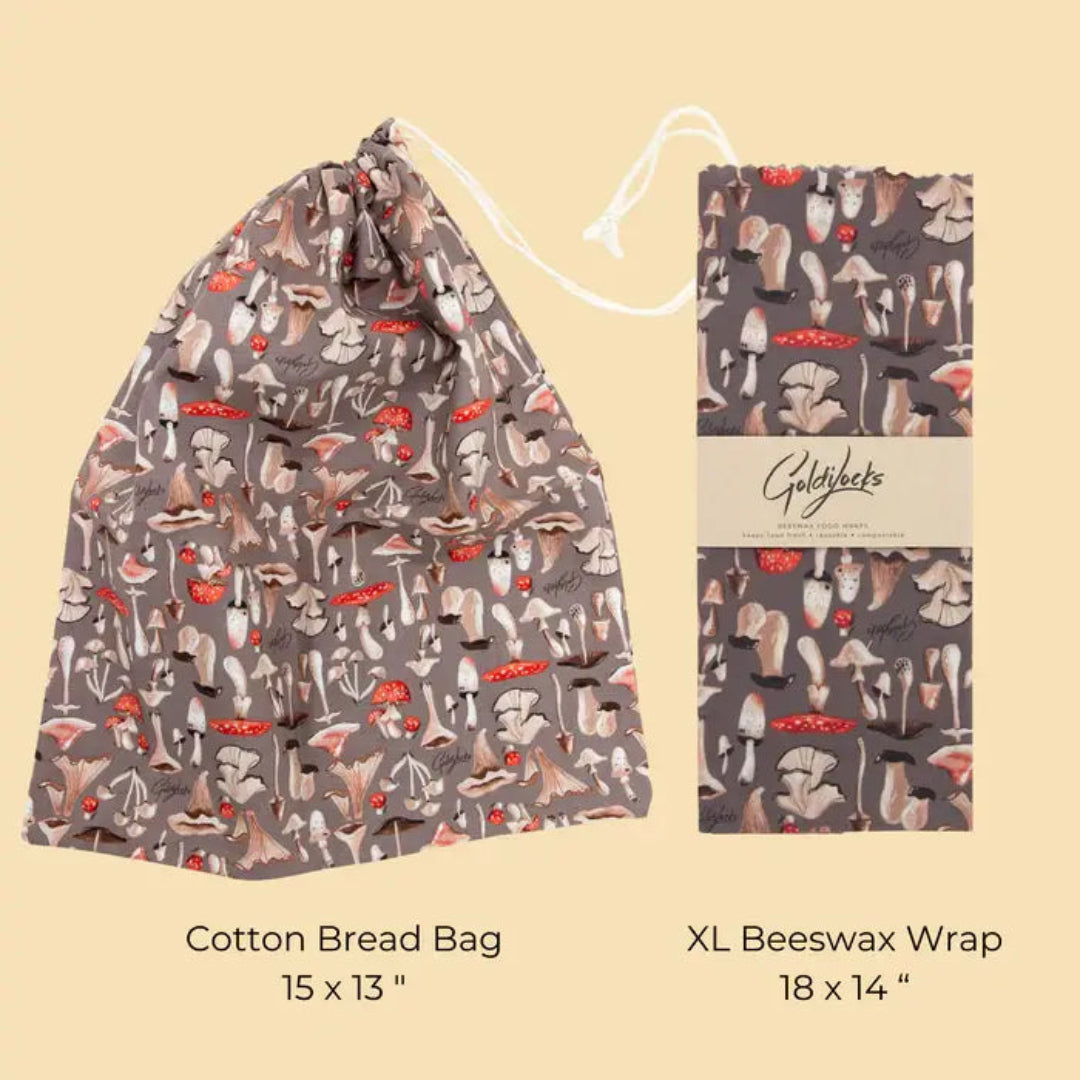 Cotton bread bag and XL beeswax wrap with mushroom pattern on a beige background