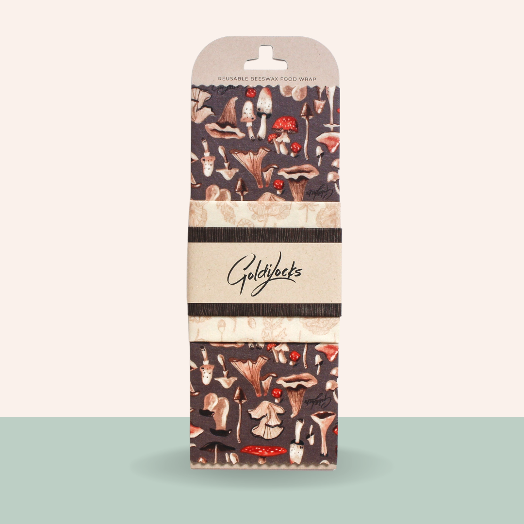 Packaging of Goldbecks food wrap with mushroom design on a light green background