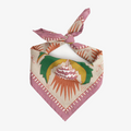 A pink bandana with a floral pattern. The pattern features pink and orange flowers with green leaves on a cream background. The border of the bandana is pink with a decorative pattern.