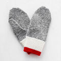 Pair of gray gloves with white cuffs and red accents on a light gray background