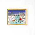 Framed artwork of a snowy city scene with people and a boat on a canal.