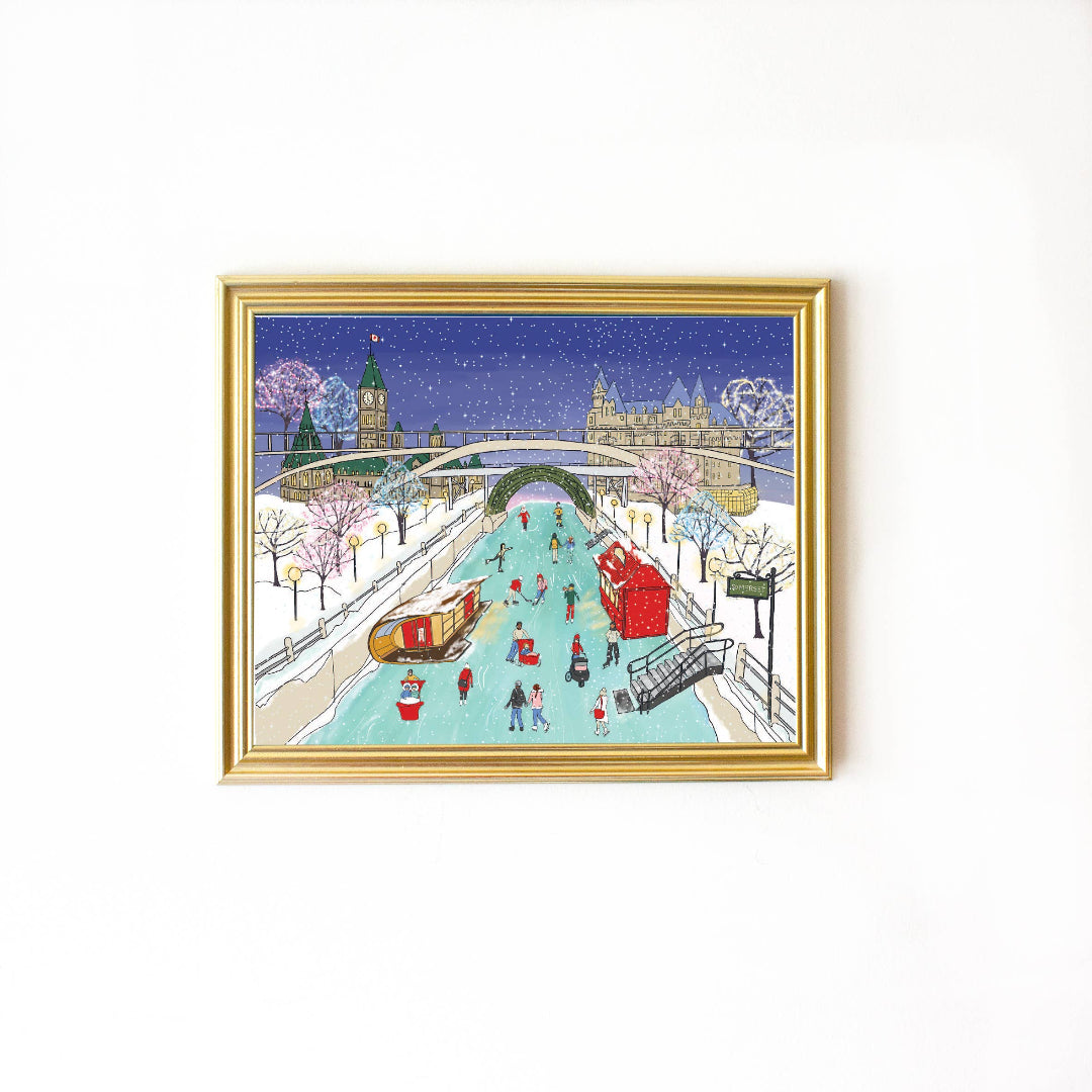 Framed artwork of a snowy city scene with people and a boat on a canal.