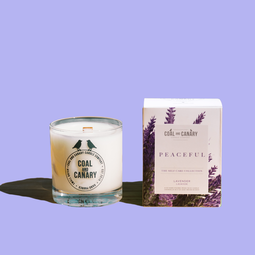 Peaceful Candle, a glass jar candle with a wood wick.