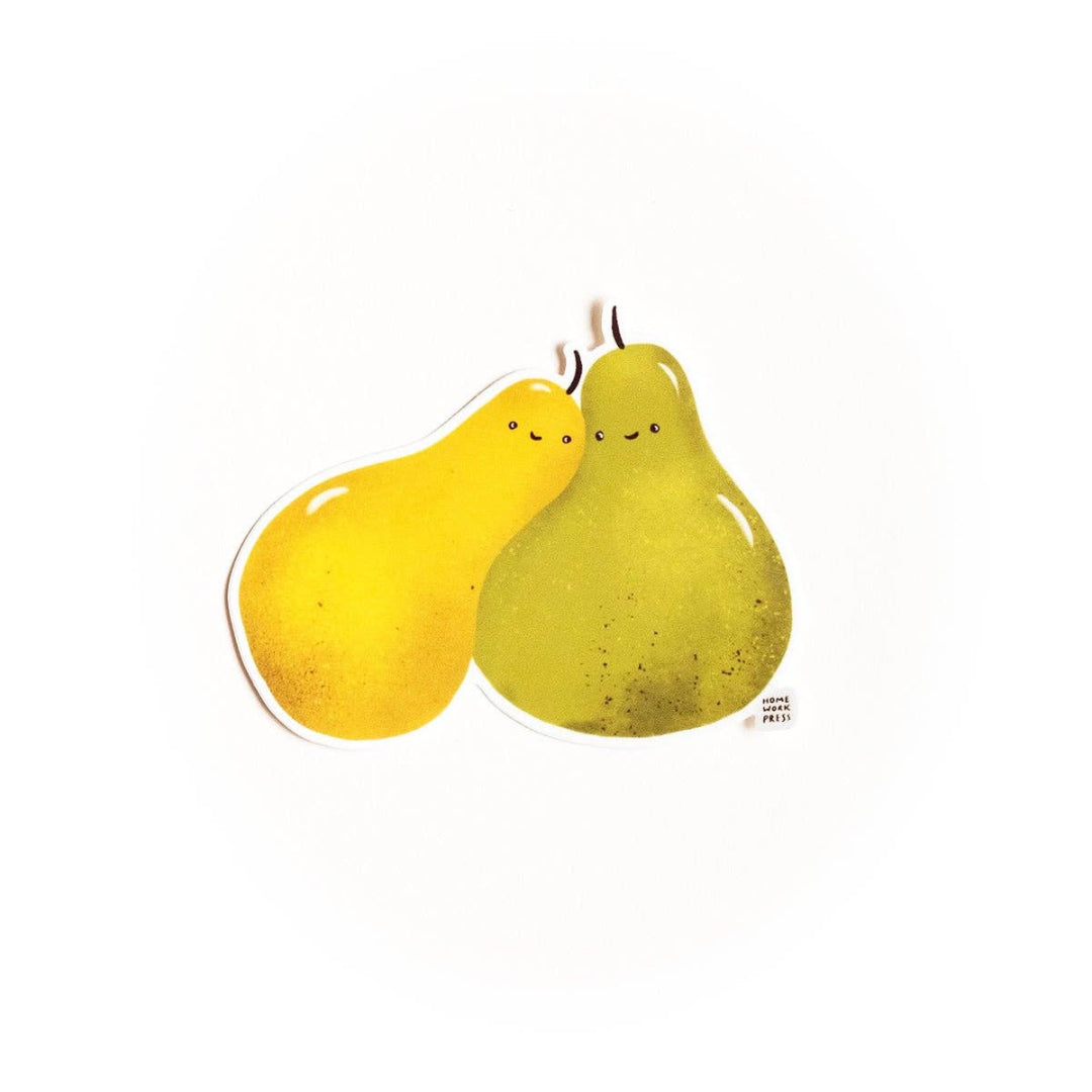Two cartoon pears with faces on a white background