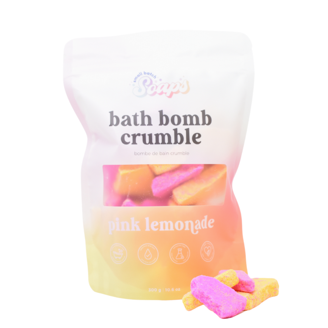 Bath bomb crumble packaging with pink lemonade flavor on a white background