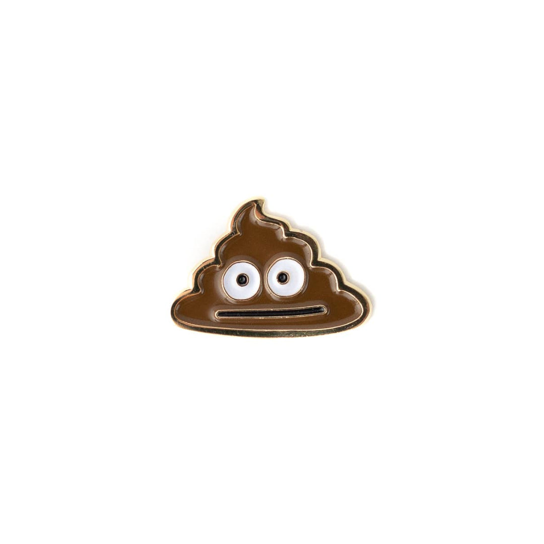 Poop emoji pin with eyes and a mouth on a white background