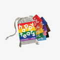 Pride conversation cards. Grey drawstring bag, multicoloured cards. Cards: 'happy tears', rainbow design. Bag text: 'For queerful connections', 'Pour les connexions queer'.