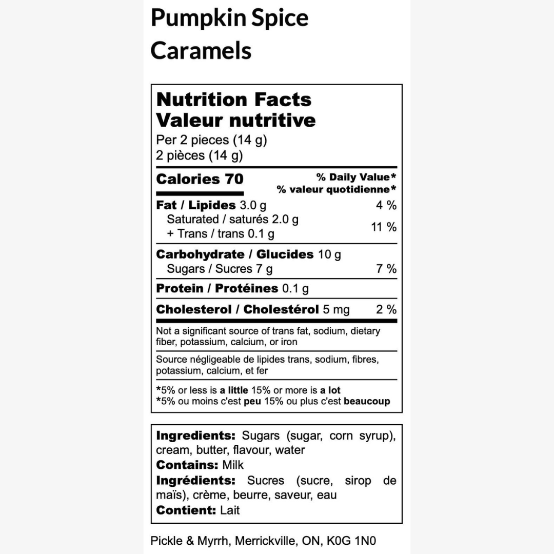 A plastic bag filled with caramel candies. The bag has a label that says "Pickle & Myrrh" and "Pumpkin Spice."