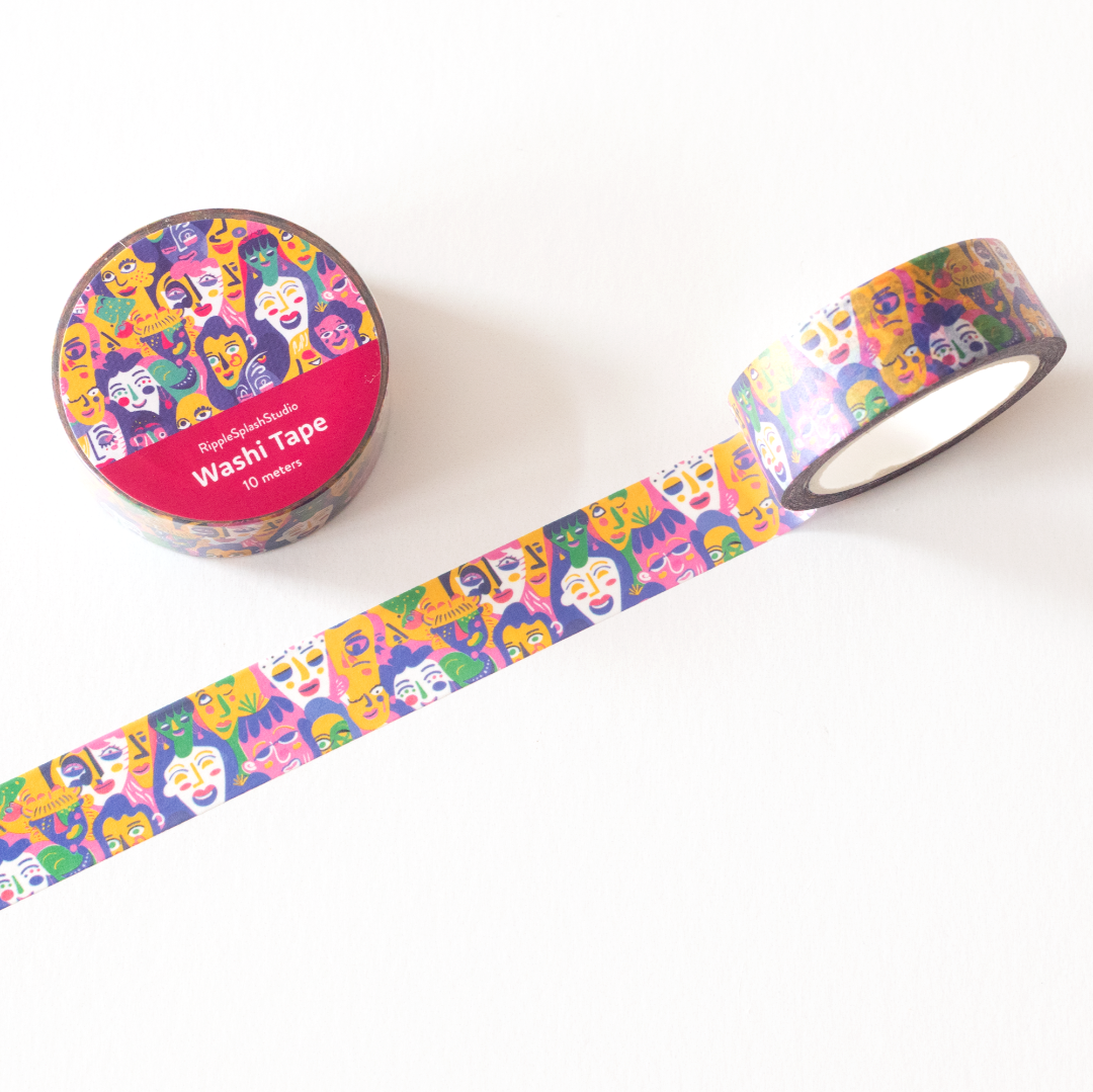 Colorful washi tape with character design on a white background