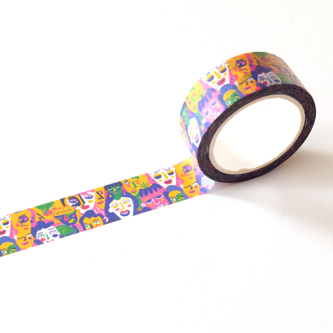 Colorful tape with a pattern of cartoon faces on a white background