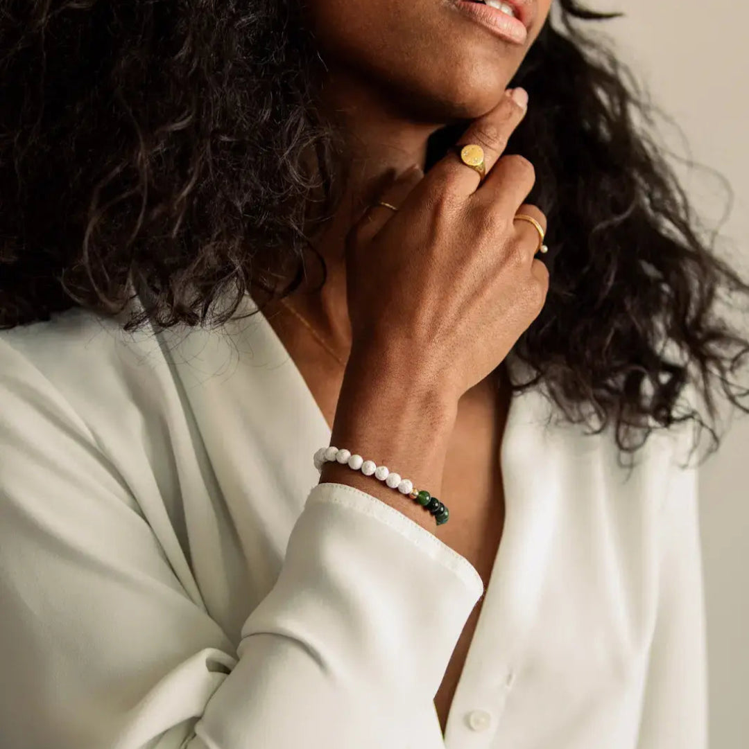 Feminine Resilience Moss Agate & White Lava Gemstone Bracelet