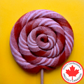 Red and white striped lollipop on a yellow background with Vollo's Confections logo.