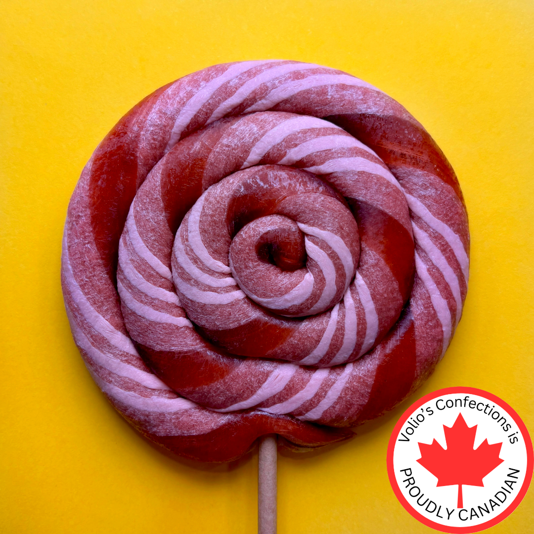 Red and white striped lollipop on a yellow background with Vollo's Confections logo.