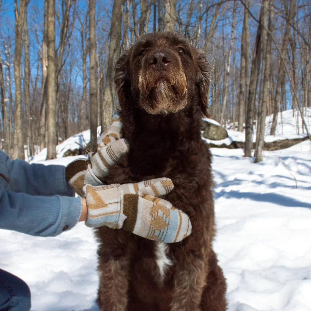 Sand Mittens, an indigenous designed mitten with a beige and blue pattern. The mittens have a wool outer layer and sherpa inner lining.