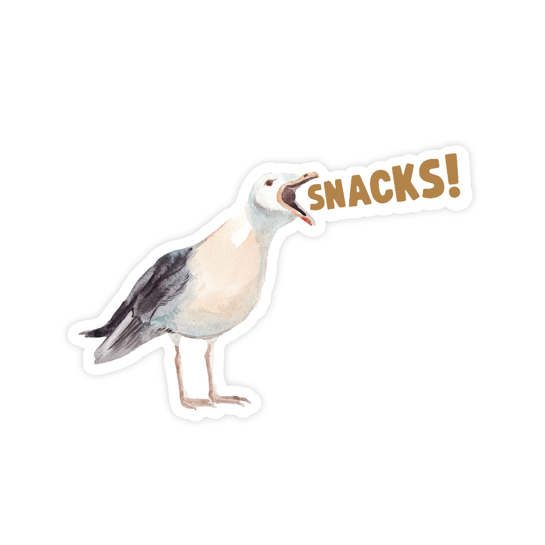 Seagull sticker with 'SNACKS!' text on a white background