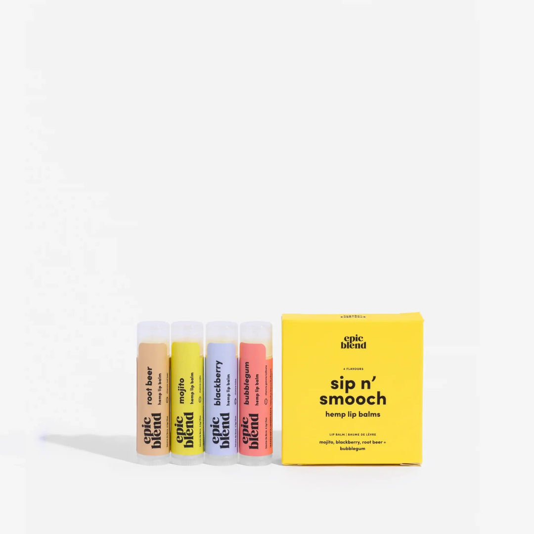 A 4-pack of Epic Blend "Sip n' Smooch" hemp lip balms, featuring Mojito, Root Beer, Blackberry, and Bubblegum flavors, displayed next to their yellow packaging box.