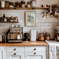Kitchen counter with coffee maker, jars, and a mixer against a tiled wall.