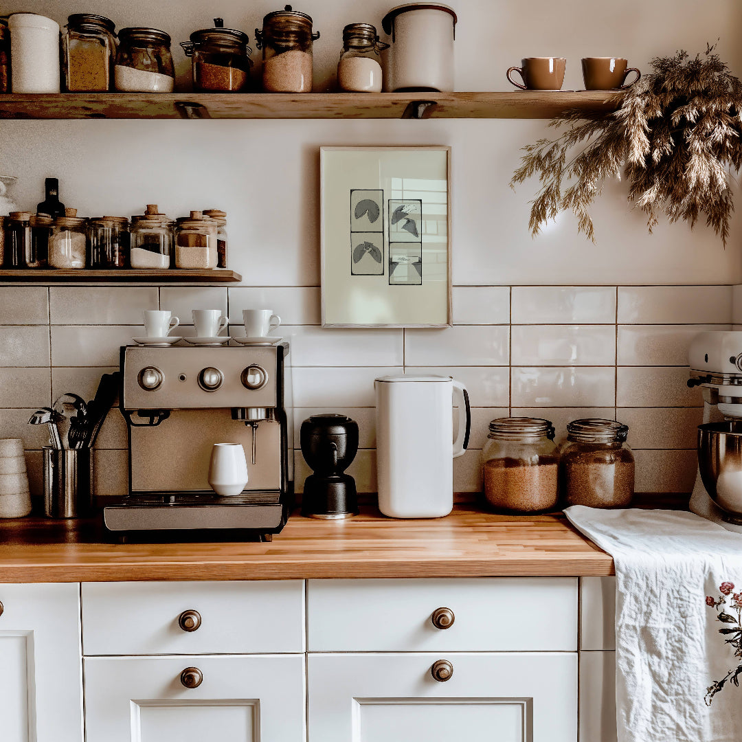 Kitchen counter with coffee maker, jars, and a mixer against a tiled wall.