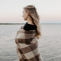 Woman wrapped in a plaid blanket standing by a lake at sunset