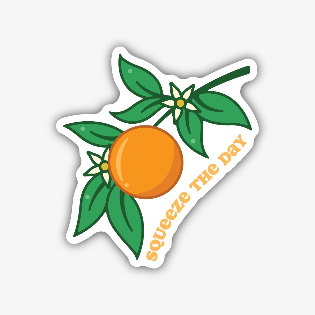 A whimsical sticker depicting a branch with green leaves and white orange blossoms, holding a large, ripe orange. Alongside the orange, the text "SQUEEZE THE DAY" is written in a playful, orange, wavy font. The sticker has a black outline.