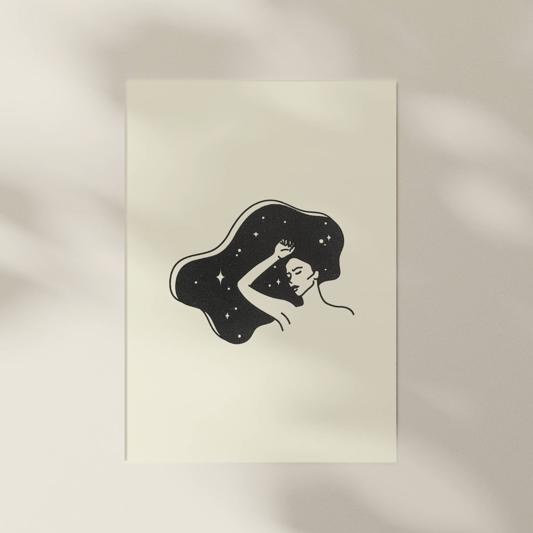 Black silhouette of a woman with stars in her hair on a beige background