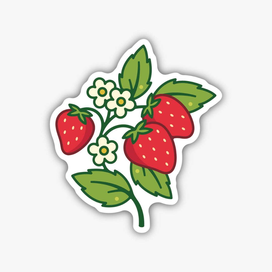A delightful sticker featuring a sprig with three ripe red strawberries, green leaves, and two white blossoms with yellow centres, all outlined in black.