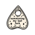 Triangular sticker with text 'summoning my last fuck' on a white background