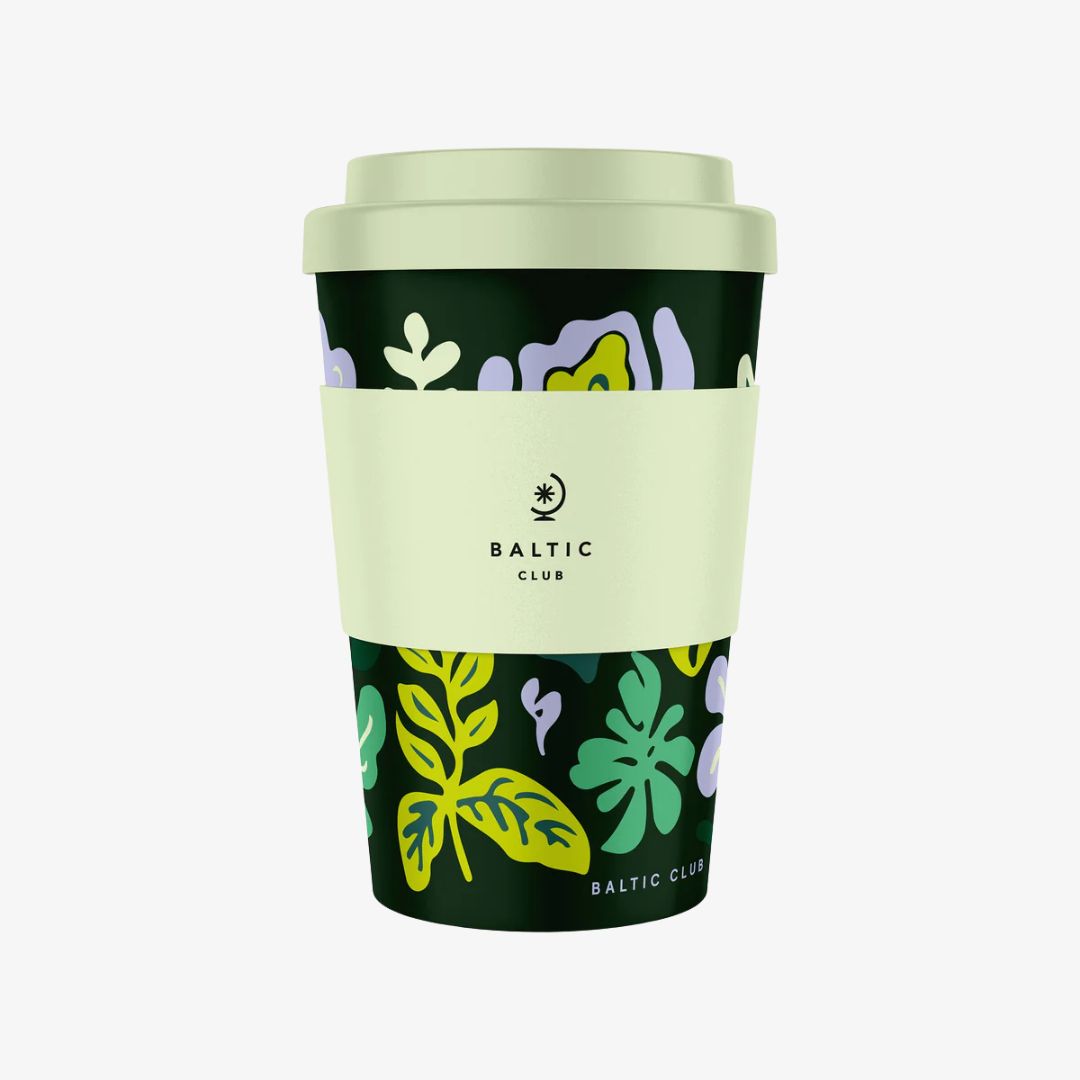 Reusable cup with leaf pattern and 'Baltic Club' branding on a white background