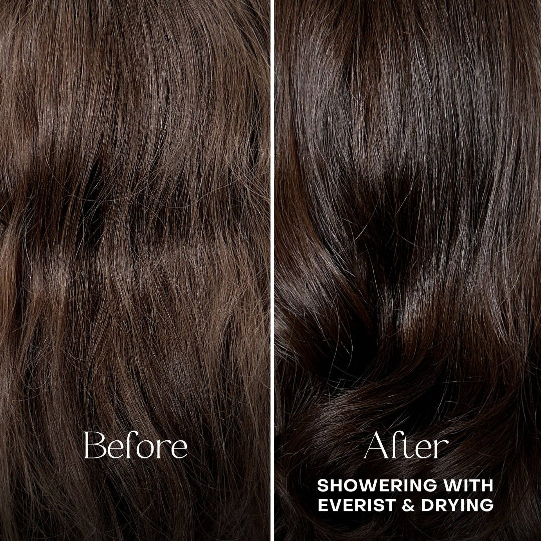 Before and after comparison of hair showered with Everist, showing a smoother texture.