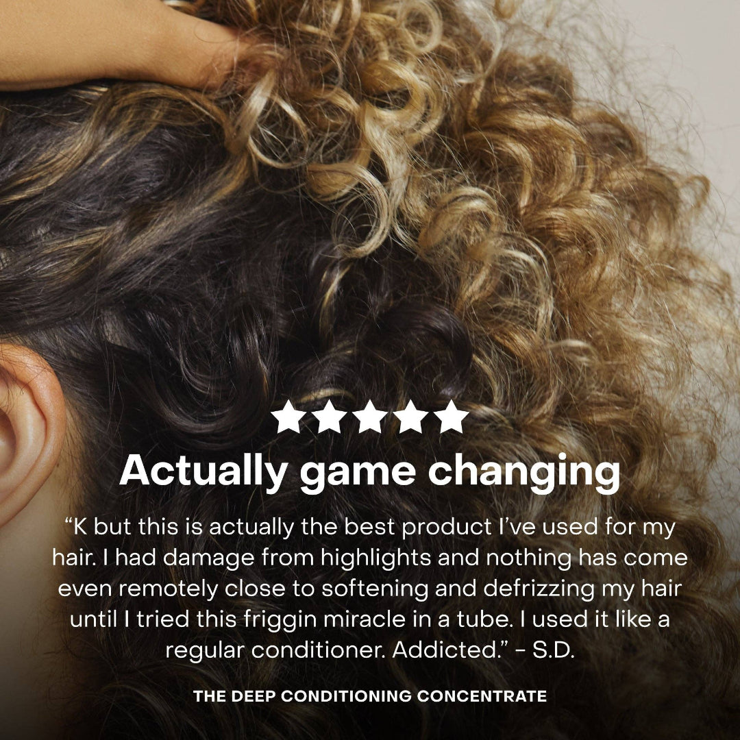 Close-up of curly hair with a five-star rating and customer review text overlay.
