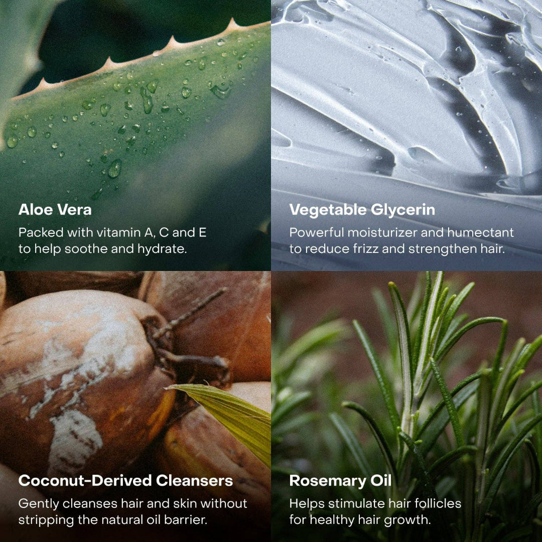 Four quadrants showing aloe vera, vegetable glycerin, coconut-derived cleansers, and rosemary oil with descriptive text.