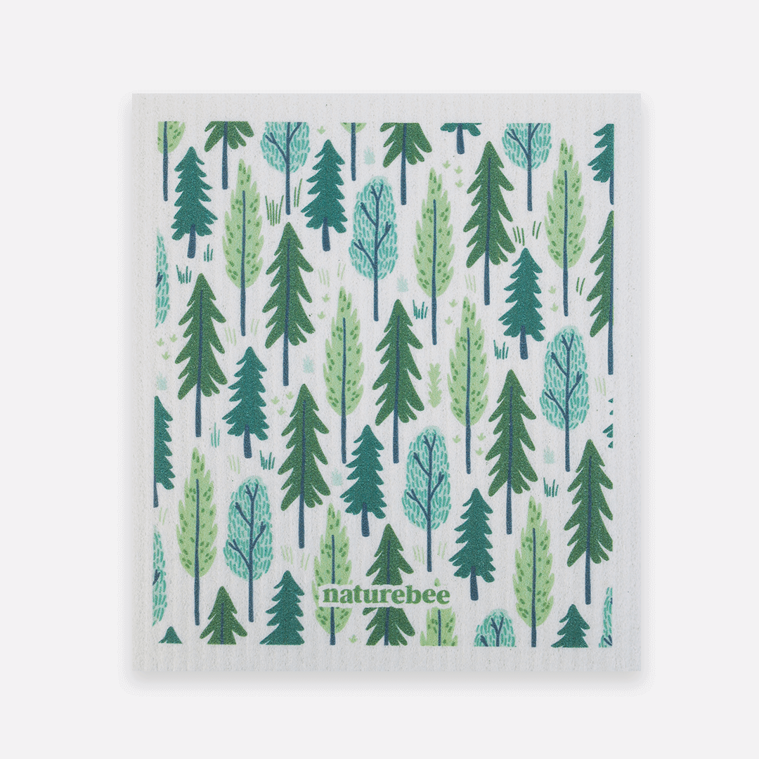 Reusable cloth with green tree pattern on a white background