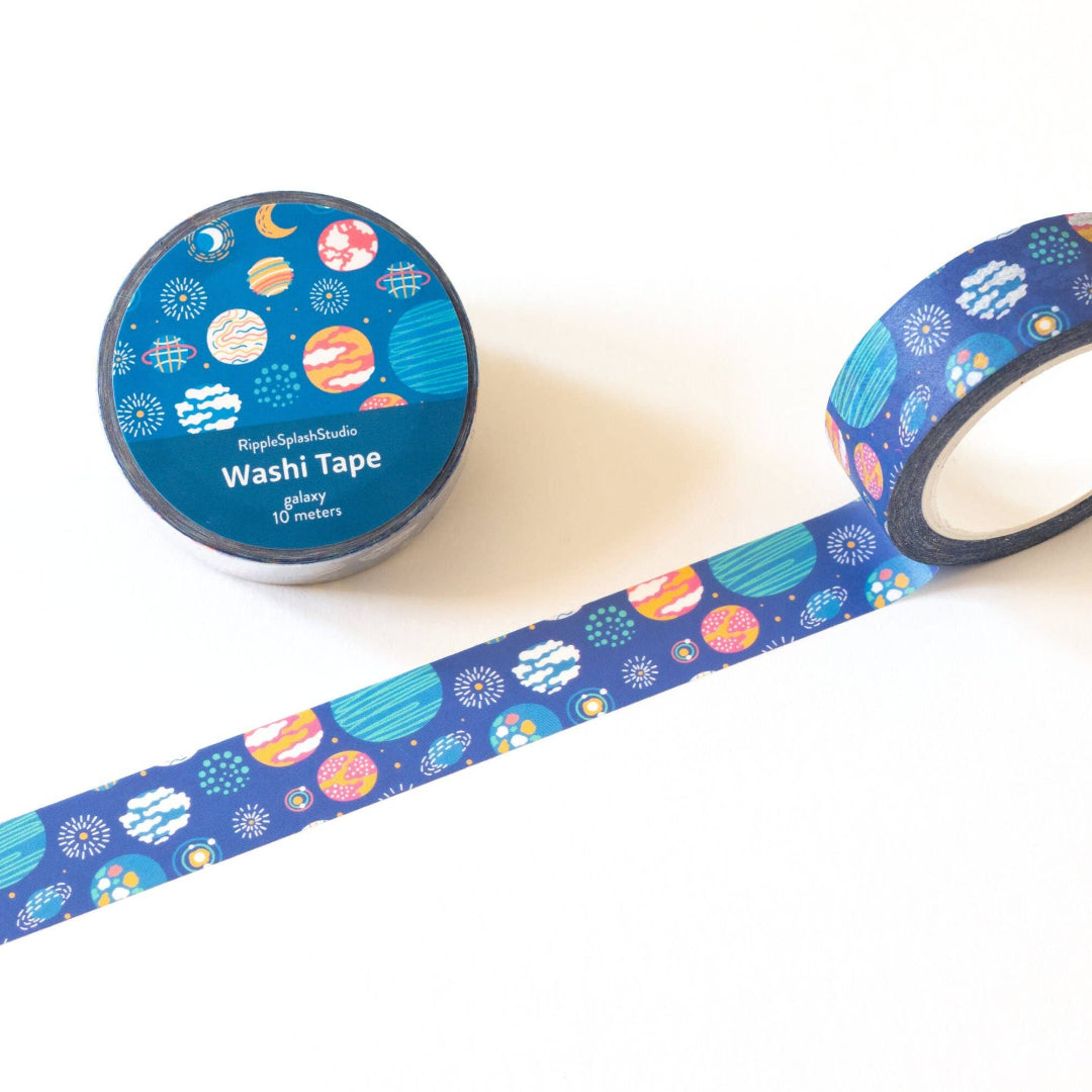 Washi tape with space-themed design on a white background