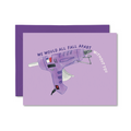 Greeting card with a purple glue gun illustration and text on a purple background