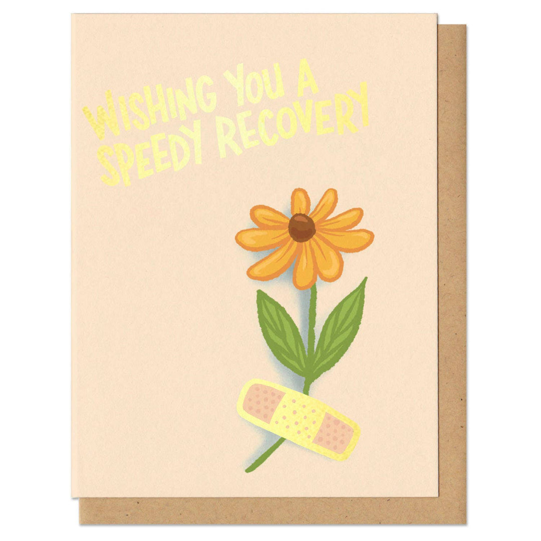 Greeting card with a sunflower and bandage, featuring the text 'Wishing you a speedy recovery!' on a beige background.