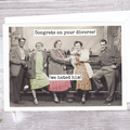 Congrats On Your Divorce! Greeting Card: A vintage photo of 5 people at a bar drinking, with the words "Congrats on your divorce! (we hated him)