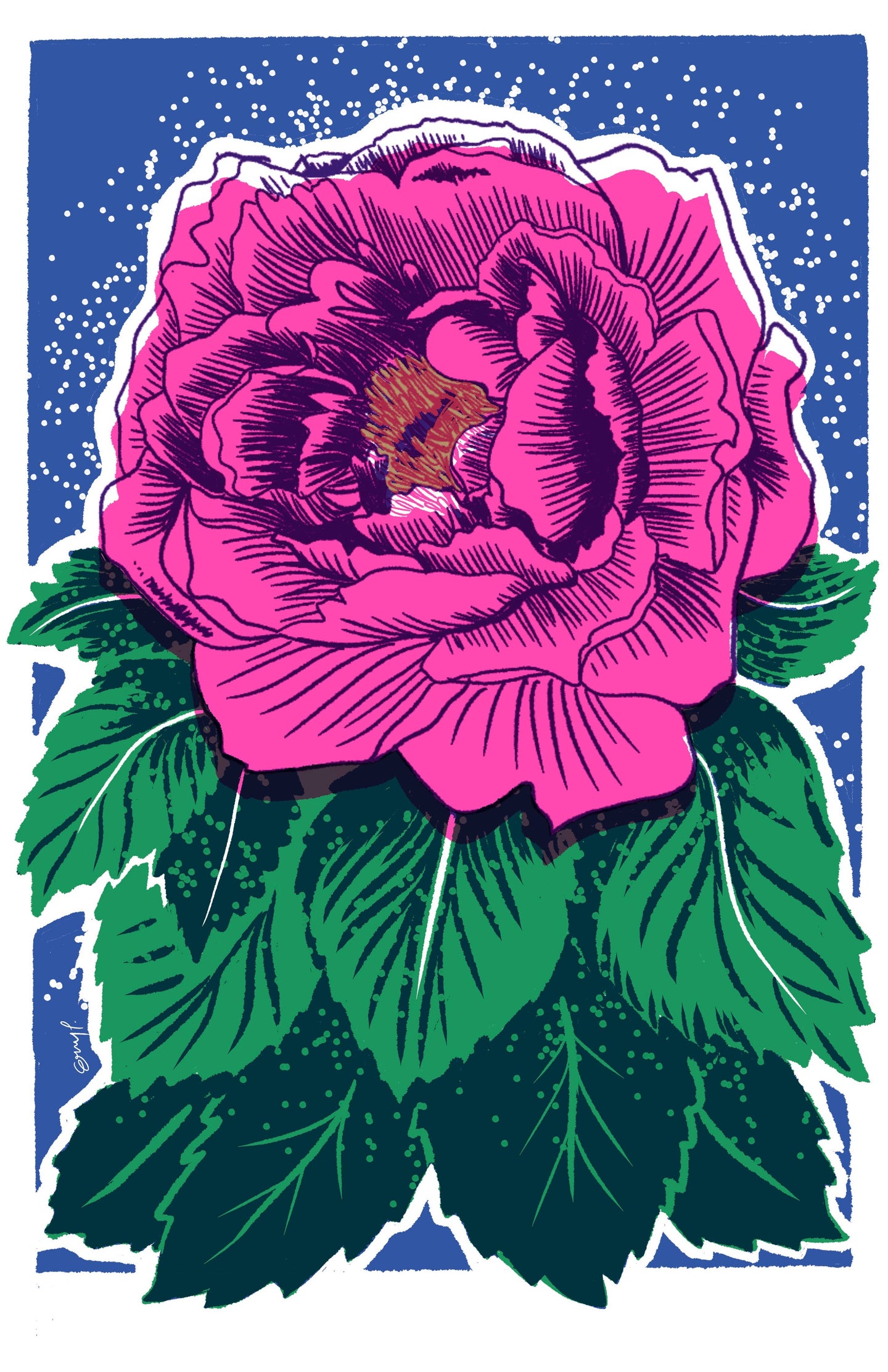 Blue Peony Risograph Print