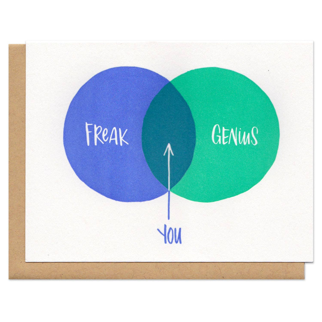 Venn diagram card with 'Freak' in blue, 'Genius' in green, and 'You' in the intersection on a white background.